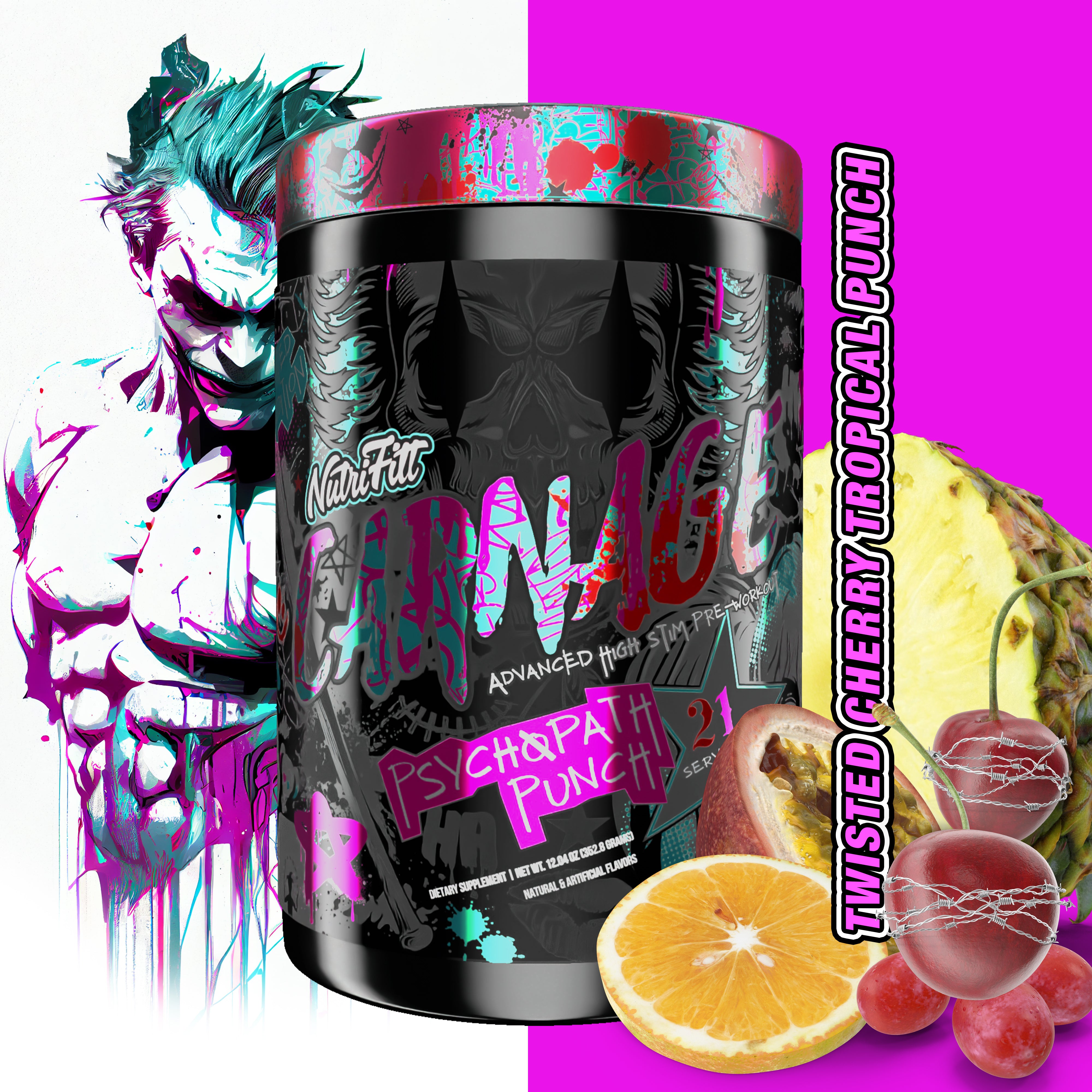 nutrifitt carnage advanced high stim pre workout twisted cherry tropical punch