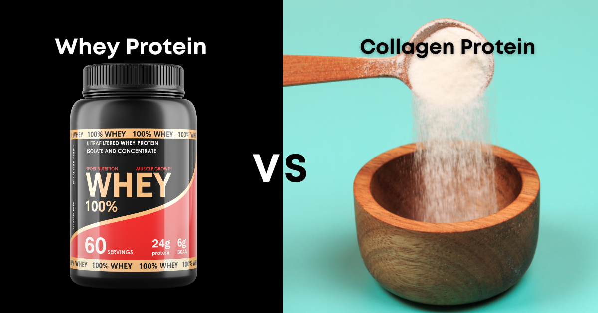 An image showing whey protein powder and collagen peptides in separate containers.