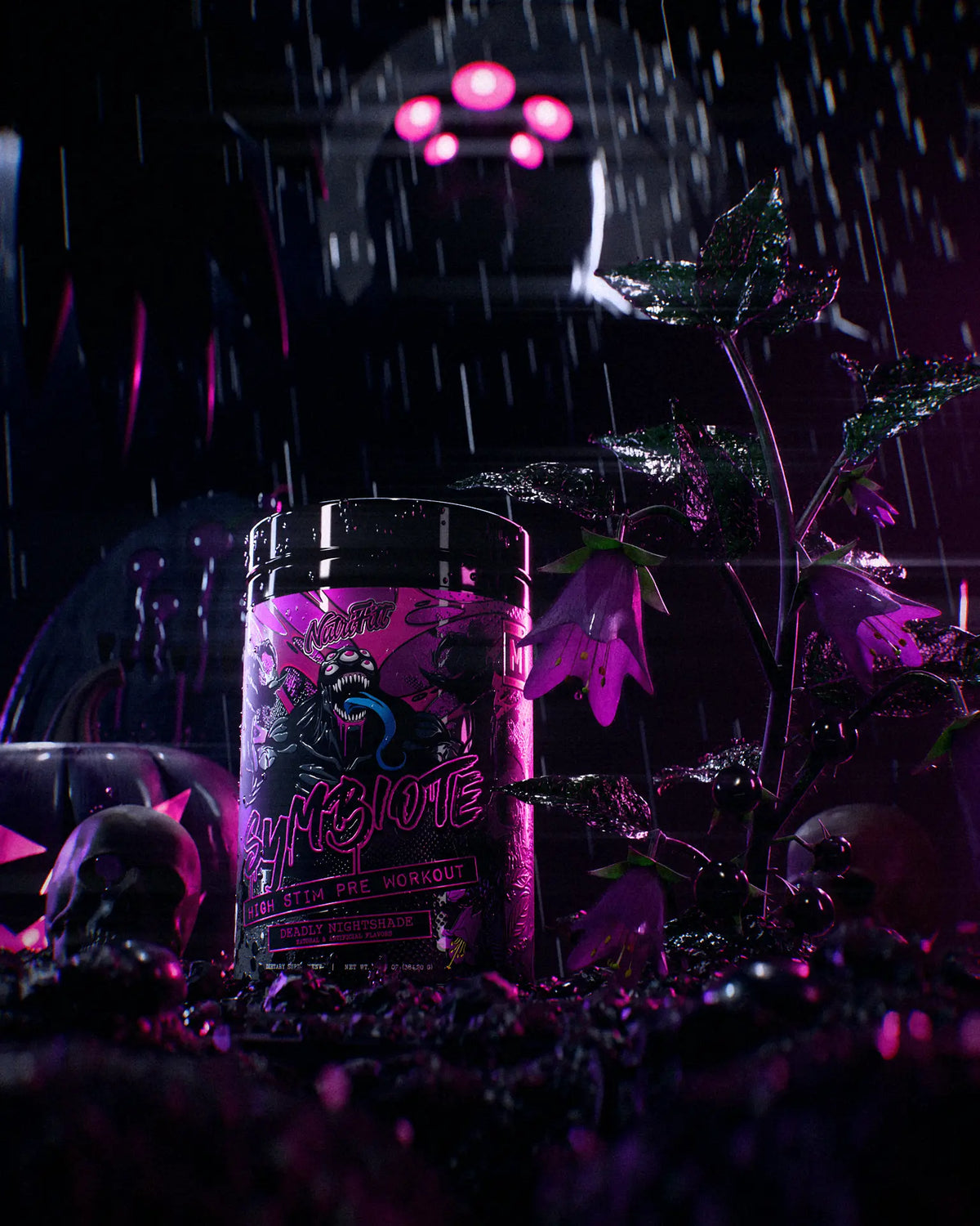 Symbiote Deadly Nightshade tub in a rain-soaked graveyard with nightshade flowers