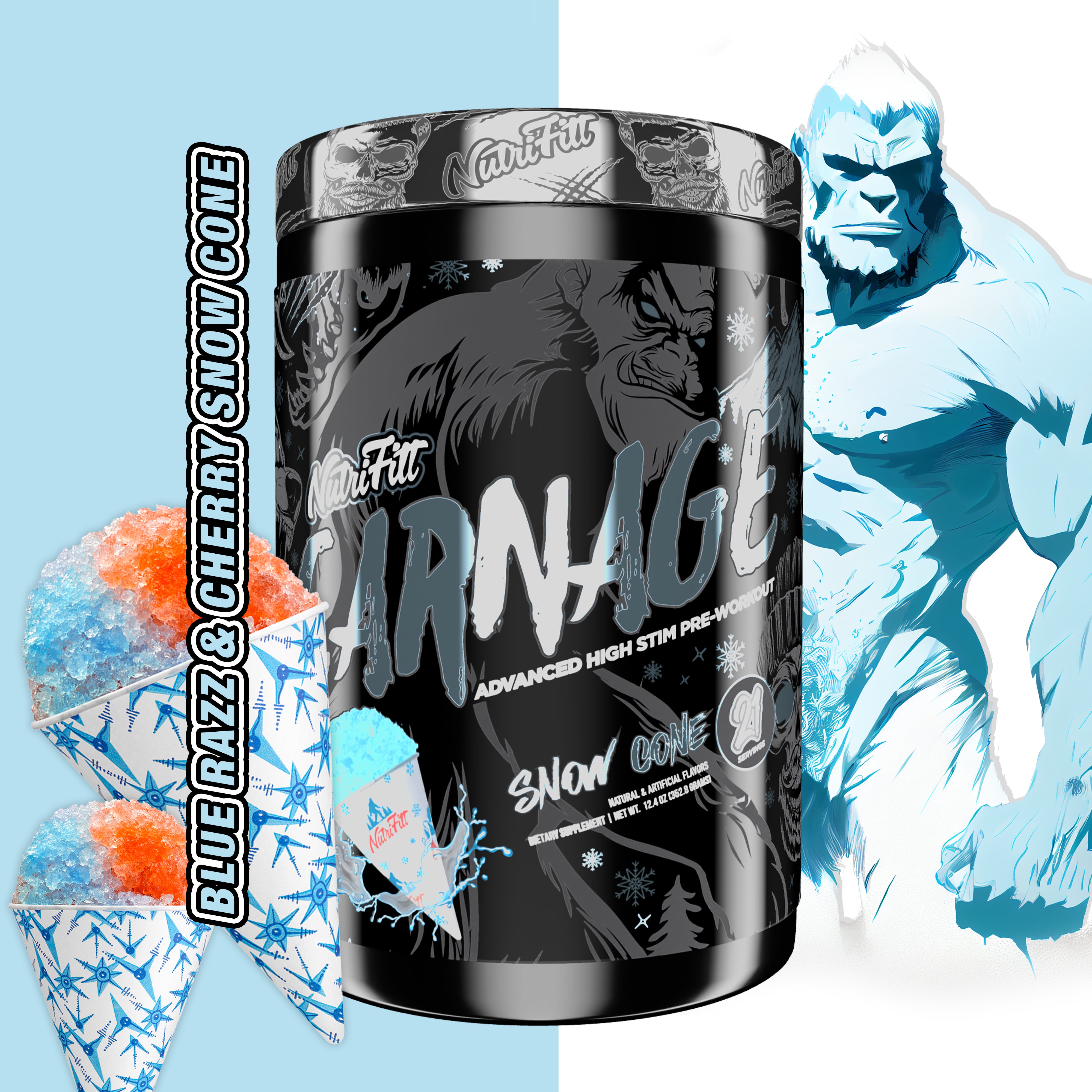nutrifitt carnage advanced high stim pre workout blue razz and cherry snow cone