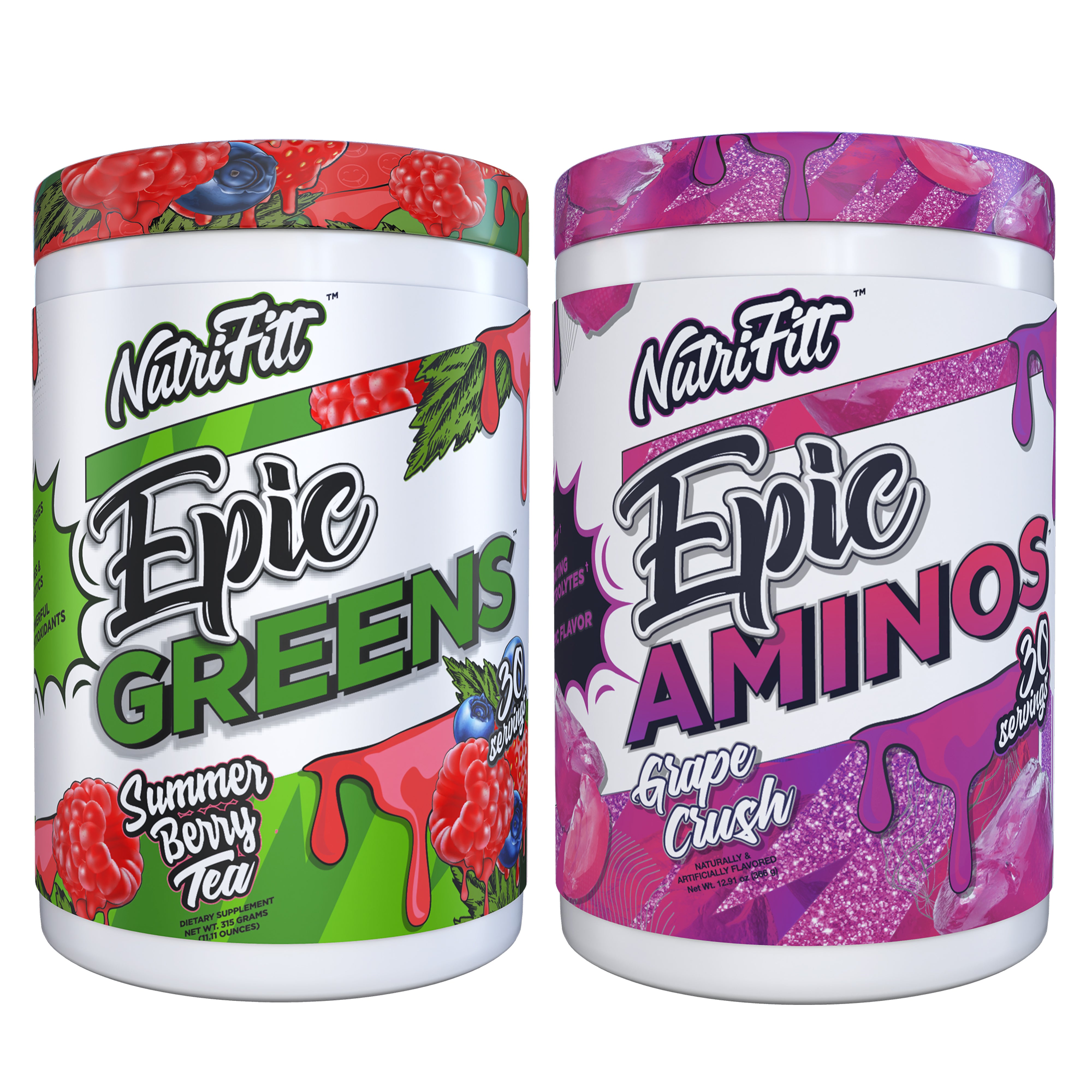 nutrifitt epic greens summer berry tea and epic aminos grape crush