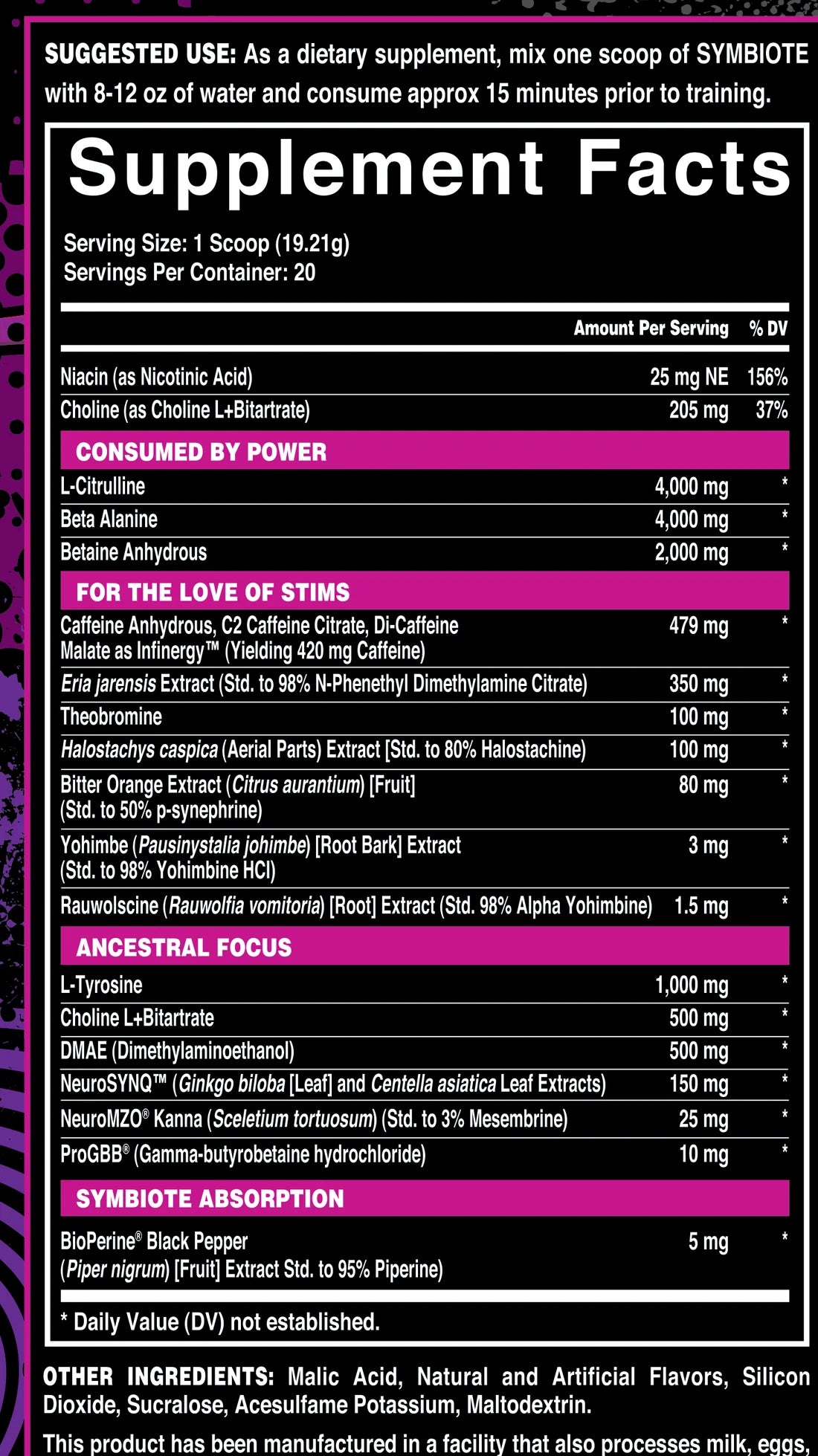 Symbiote Deadly Nightshade Supplement Facts panel: serving size 1 scoop (19.21 g), 20 servings, full ingredient amounts and other ingredients